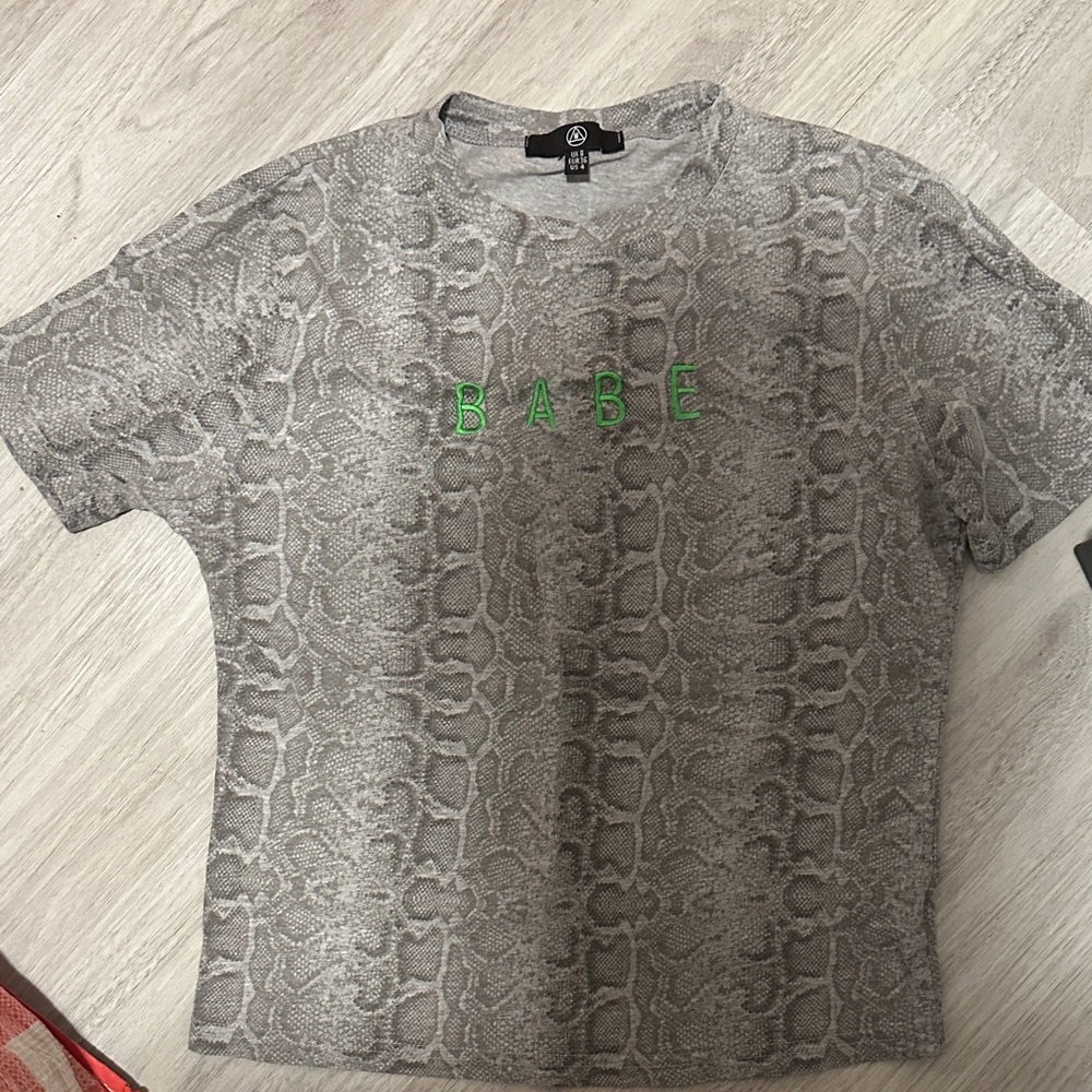 Missguided Gray Snake-Print Tee with Neon Green 'BABE' Embroidery